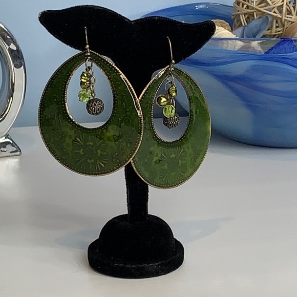 Boho Gold Tone and Green Enamel Drop Earrings - Picture 3 of 5
